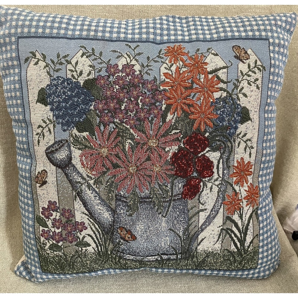 Vintage Floral Tapestry Throw Pillow Garden Watering Can Gingham Border 15x15